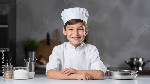 A Cooking, happy boy wearing chef's uniform. Little cook and kitchen equipment. Cooking concepts in the chef profession On empty space on white transparent background isolated