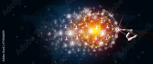 New global business connection concept. Businessman leading the global connection with connecting people orbit around the world. World map and connecting people background. World map illustration.