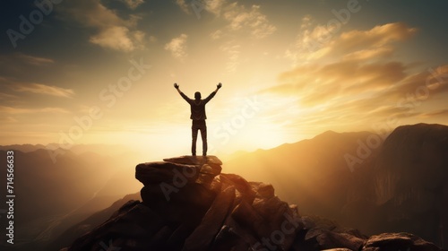 Happy man raising his arms jumping to the top of the mountain, successful businessman celebrating success on the cliff, business success concept silhouette backlit.