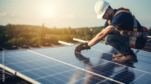 Construction industry, aerial view. An electrician in a helmet is installing a solar panel system outdoors. Engineer builds solar panel station on house roof photo