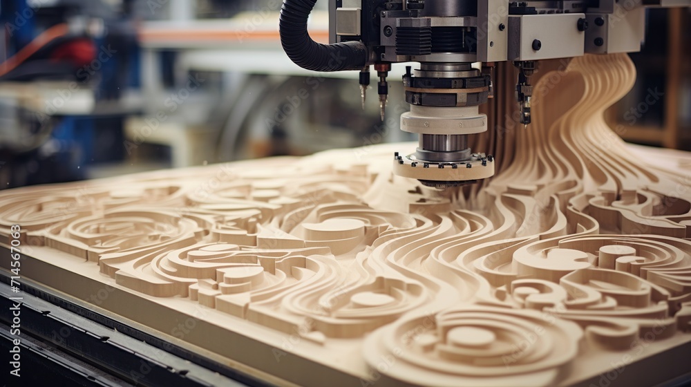 Amazing CNC milling machine tool in wood factory with drilling machine. Created with Generative AI - obrazy, fototapety, plakaty 
