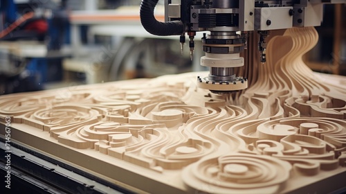 Amazing CNC milling machine tool in wood factory with drilling machine. Created with Generative AI photo