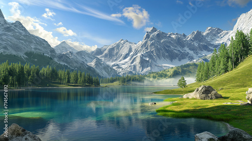 Serene Alpine Lake Panorama: Tranquil Waters with Reflective Mountain Scenery, Lush Green Forest, Fresh Morning Light - High Definition Nature Landscape Wallpaper for Calm and Peaceful Settin
