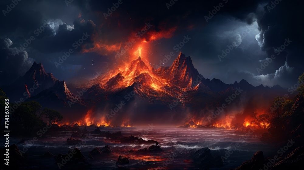 Fictional doomsday landscape. Hell upon earth. Apocalypse concept. Lava pools after volcano eruption. Fantasy demon landscape. Villans liar.