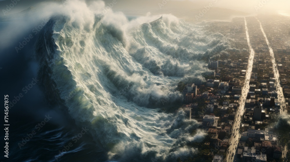 Mega tsunami wave hits the coastal city. Strong tall tsunami waves destroying the city. Apocalypse wave taking down a town. Super tall tsunami wave demolishes houses. - obrazy, fototapety, plakaty 