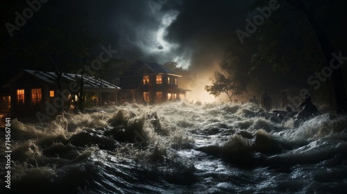 Massive flood after heavy rainfall goes through a city. Dangerous water streams destroy houses. Strong natural disaster. Chaos and devastation. Powerful flood knocks over a city. photo