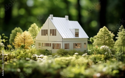 The concept of property is represented by a paper house placed within a garden landscape.