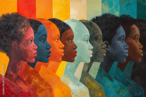 Abstract painting of diverse African American profiles symbolizing unity and strength, suitable for Black History Month.