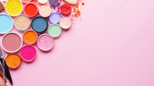colorful frame with various makeup products on pink background