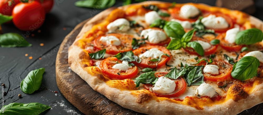 Garden table hosts homemade margarita pizza with fresh tomatoes, mozzarella, and basil. Garden table hosts homemade margarita pizza with fresh tomatoes, mozzarella, and basil.