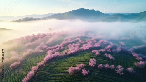 Stunning Booming cherry blossom over the hills and green tea plantations at hazy light morning  landscape with copy space