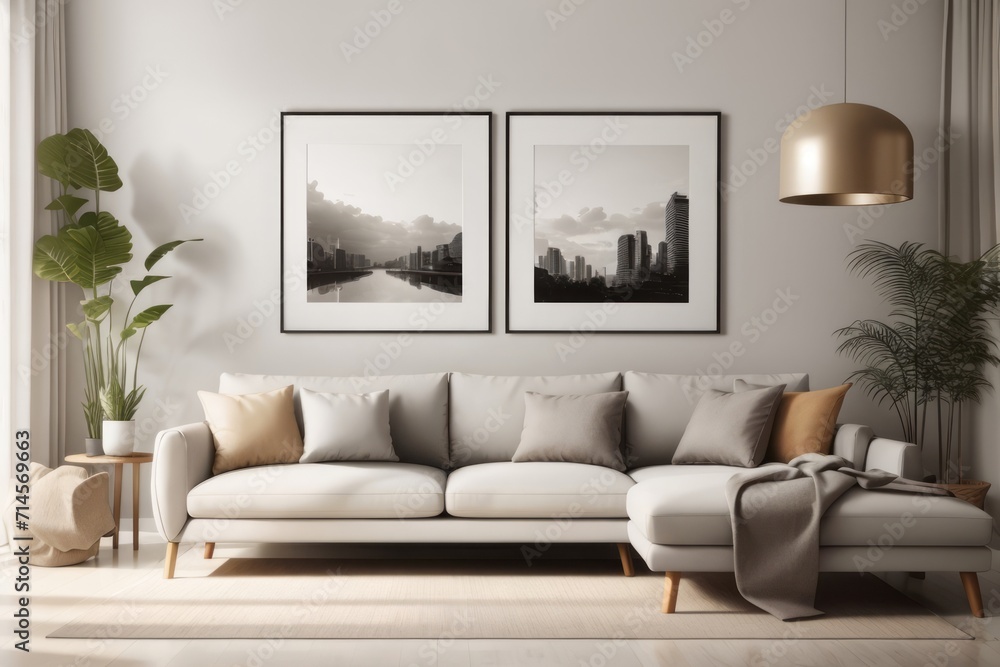 Japandi interior home design of modern living room with gray armchair and beige sofa with poster frames on the wall
