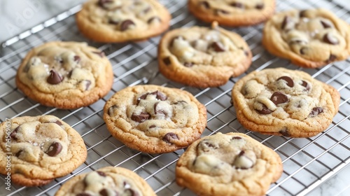  a bunch of chocolate chip cookies cooling on a wire rack on a marble counter top with a glass of milk in the middle of the top of the cookies on a cooling rack.
