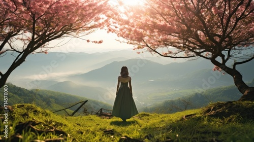 One woman standing under booming cherry blossom over the hill and green tea plantation at hazy light morning