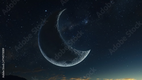  a crescent moon in the night sky with stars and a crescent moon in the middle of the night sky with stars and a crescent moon in the middle of the night sky.