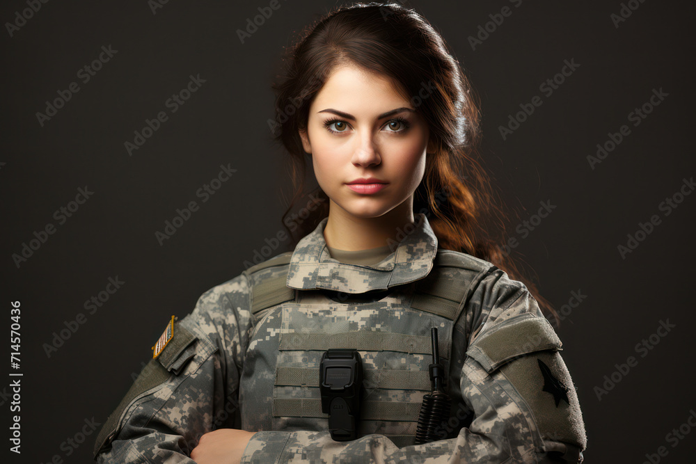 Attractive Young Female Soldier with a Confident and Sexy Look, Wearing a Camouflage Military Uniform, Holding a Gun, Standing against a Dark Background Attractive Young Female Soldier with a Confident and Sexy Look, Wearing a Camouflage Military Uniform, Holding a Gun, Standing against a Dark Background