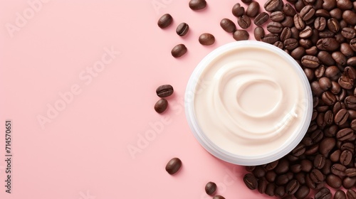 Coffe beauty product, jar of coffee face and body skincare cream or mask mask on beige background.  Copy space. Skin care trend. Organic eco-friendly cosmetic product in caffeine photo