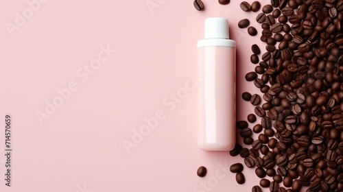 Beauty product inspired by coffee. White bottle with bode lotion or soap lotion, shampoo or shower gel from coffee. Toning shampoo coffee. Bottle is made of recyclable plastic photo