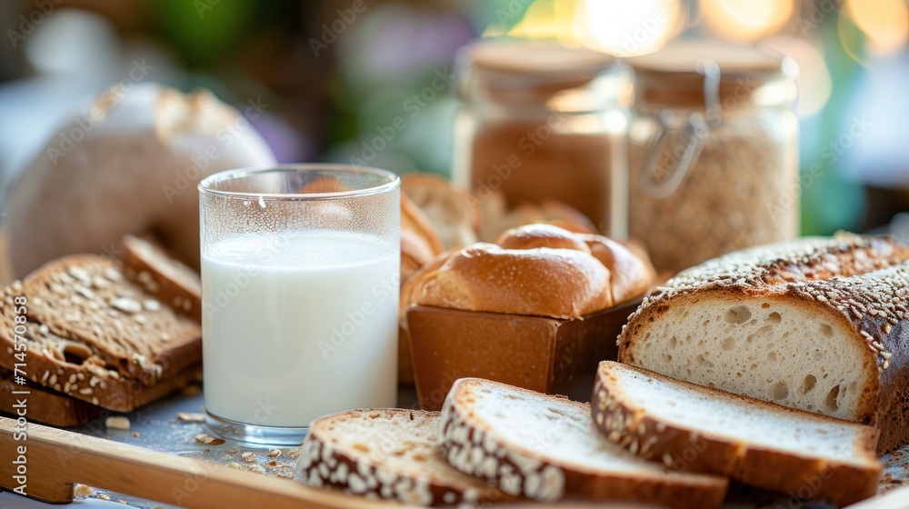 a glass of milk next to a bunch of bread and loaves of loaves of loaves of loaves of loaves of loaves of loaves of loaves. a glass of milk next to a bunch of bread and loaves of loaves of loaves of loaves of loaves of loaves of loaves of loaves.