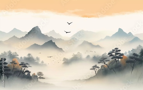 illustration of misty mountains with gentle slopes
