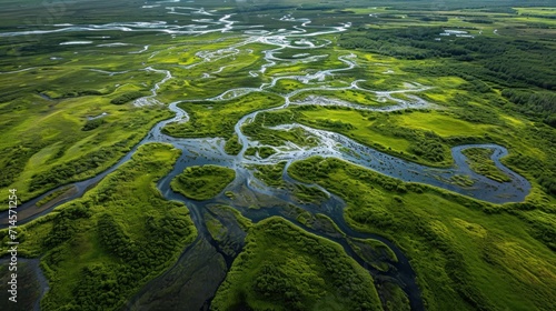  an aerial view of a river in the middle of a green field with a river running through the middle of the field and trees on the other side of the river.