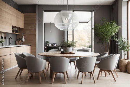 Scandinavian interior home design of modern dining room with chairs and round wooden dining table