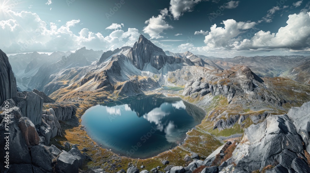  a view of a mountain range with a lake in the foreground and a mountain range in the background, with clouds in the sky and in the foreground.