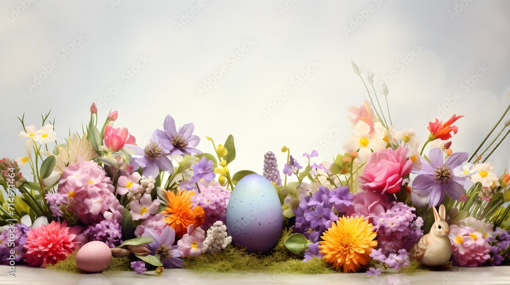 Beautiful easter background with colourful flowers and eggs - 16:9 format