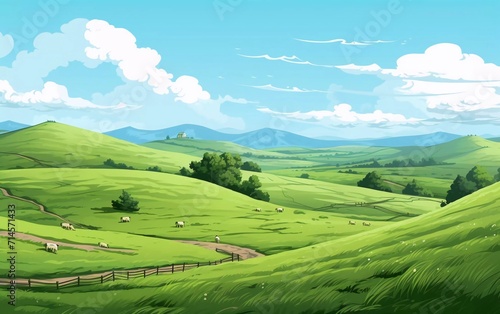 Sketch vector illustrationGreen grass field on small hills. Grassland, very beautiful sketch
