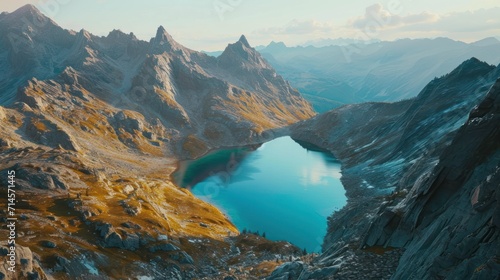  an aerial view of a mountain range with a lake in the foreground and a mountain range in the background with a blue lake in the middle of the foreground.