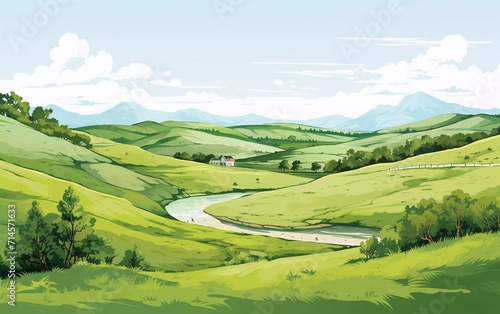 Sketch vector illustrationGreen grass field on small hills. Grassland  very beautiful sketch  