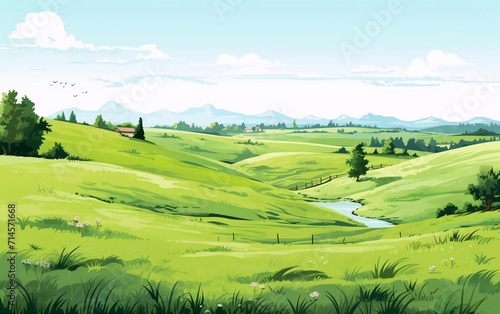 Sketch vector illustrationGreen grass field on small hills. Grassland  very beautiful sketch  