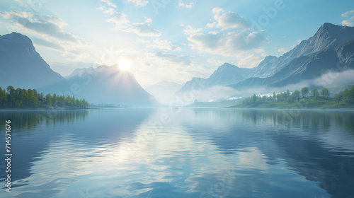 Serene Dawn: Tranquil Lake with Reflective Waters at Sunrise in the Embrace of Misty Mountains