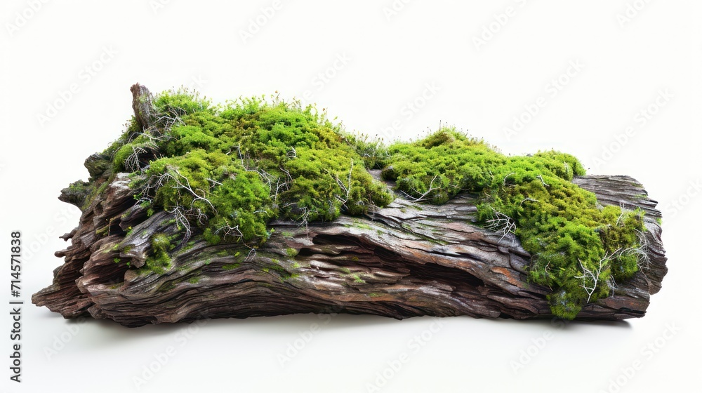 A rotten wood cover by green moss, white background A rotten wood cover by green moss, white background