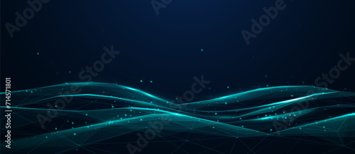 Abstract dynamic blue dots and line connection wave background. Network connection. Bigdata. Blue wave of illumination in futuristic