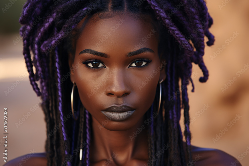 Face of beautiful afro american woman with dark skin and purple dyed hair Face of beautiful afro american woman with dark skin and purple dyed hair