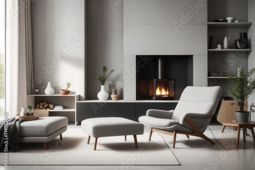 Scandinavian interior home design of modern living room with gray chair and shelf near fireplace with concrete wall