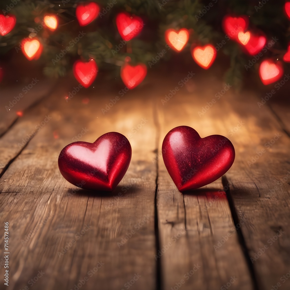 two red christmas lights with hearts on wooden background, valentines day concept, copy space.