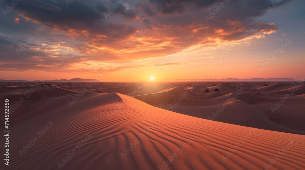  the sun sets over a desert landscape with sand dunes in the foreground and hills in the distance in the distance, with a few clouds in the sky above the horizon.