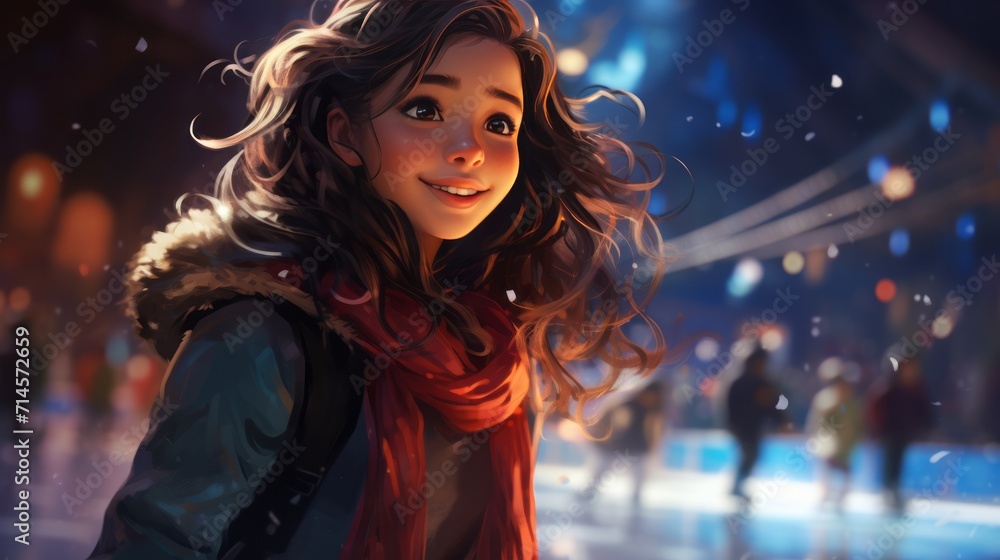 Beautiful illustration of a girl ice skating outside on a cold winter day. Closeup portrait of a happy young girl ice skating on a frozen lake. Art of an attractive young lady on an ice skating ring.