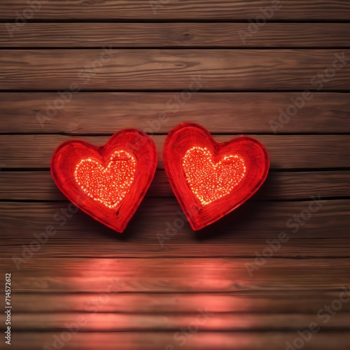 two red christmas lights with hearts on wooden background, valentines day concept, copy space.