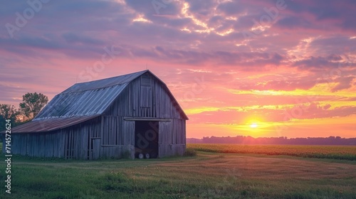 An old barn near field during a golden hour sunset © ArtBox