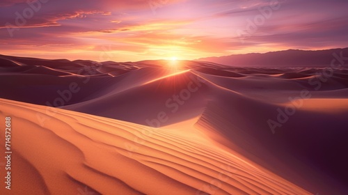 the sun is setting over a desert with sand dunes in the foreground and a mountain range in the distance with hills in the foreground and hills in the distance.
