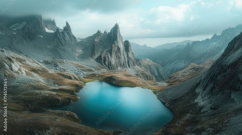  a lake in the middle of a mountain range with a mountain range in the background and a blue body of water in the middle of the lake in the foreground.