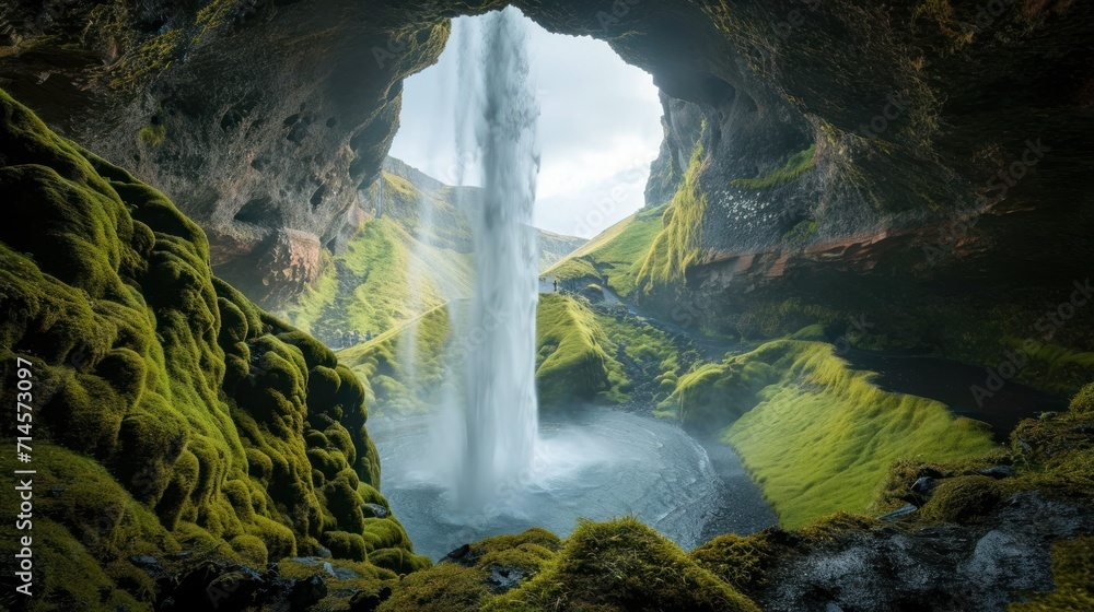 an image of a waterfall in the middle of a cave with moss growing on ...