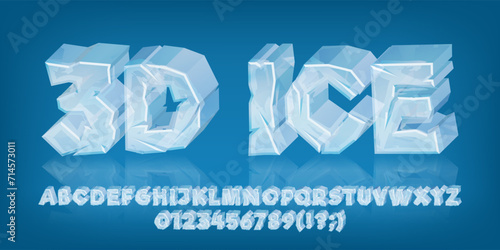 3D Ice alphabet font. Cartoon ice block letters and numbers. Stock vector typeface for your typography design.