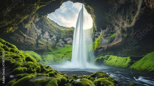 a waterfall in a cave with moss growing on the rocks and the water flowing out of the cave into the pool of water that is in front of the cave. photo