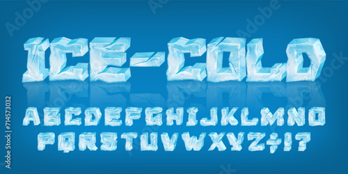 Ice-Cold alphabet font. 3D cartoon ice letters and numbers with cracks. Stock vector typeface for your typography design.