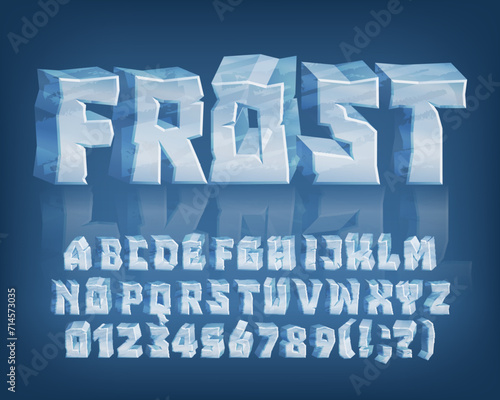 Frost alphabet font. Cartoon ice letters and numbers. Stock vector typeface for your typography design.