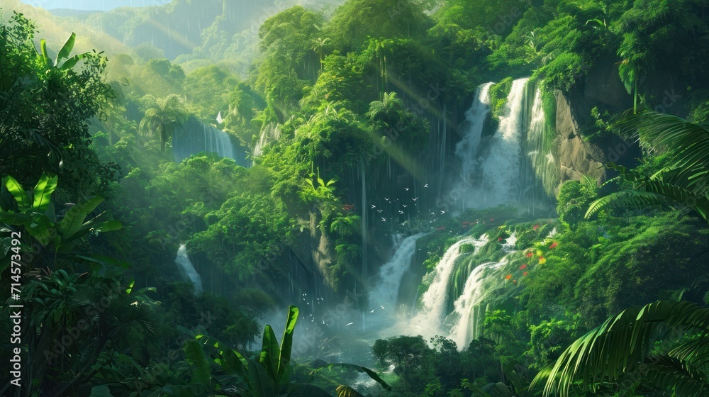 a painting of a waterfall in the middle of a jungle with lots of trees and plants on the sides of the waterfall is a bird's - eye view. a painting of a waterfall in the middle of a jungle with lots of trees and plants on the sides of the waterfall is a bird's - eye view.